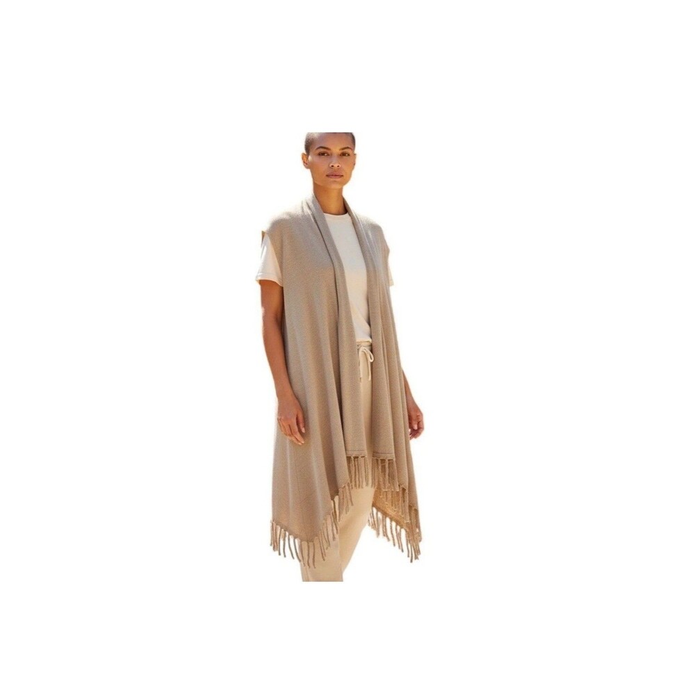 Joseph A Qu'est-ce Que C'est Silk Large Beige Fringe Sleeveless Cardigan Vest